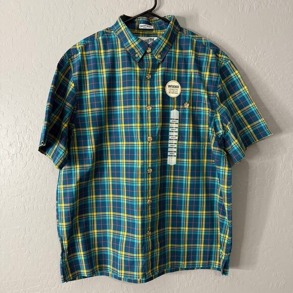 Duluth Men's BBQ Relaxed Fit Short Sleeve Shirt Plaid, Green Blue, L - Picture 1 of 4